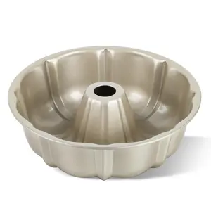 Cake Pan, 10 Inch Nonstick Round Fluted Tube Cake Baking Pan, 10 Cups Heavy Duty Carbon Steel Baking Pan for Baking Pound Cake/Monkey Bread/Chocoflan, Non Toxic, Easy Clean-Champagne Gold