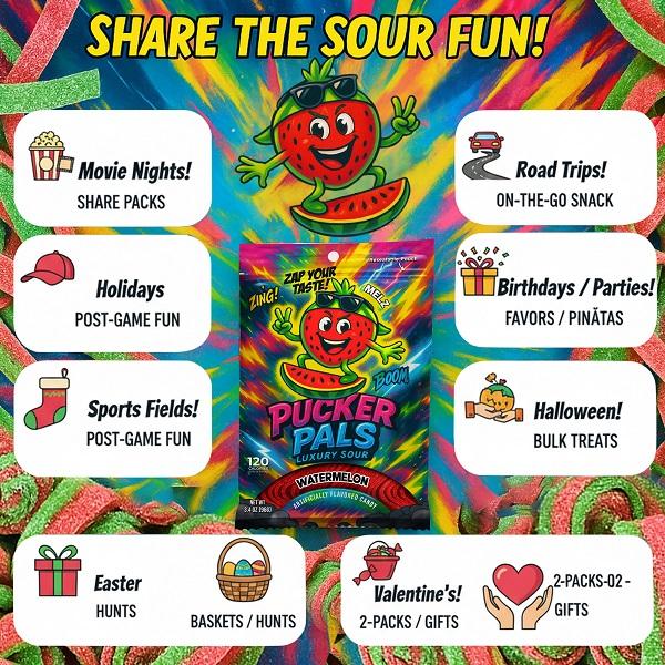 Pucker Pals Watermelon Sour Candy – Extreme Sour Strips, Chewy Gummy Candy & Sour Gummies, Gummy Worms Style Gummies Candy, Juicy Bold Treats for Kids, Boys, Girls, Teens & Adults, Halloween & Stocking Stuffers