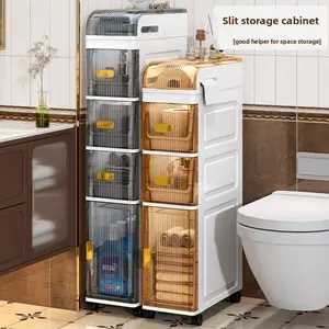 Ultra-thin Bathroom Locker, Waterproof Narrow Bathroom Locker, Bathroom Storage Cabinet, Floor Cabinet with Wheels and Toilet Paper Holder, Suitable for Small Space, Living Room, Bathroom, Bedroom 2/3/4 Floors
