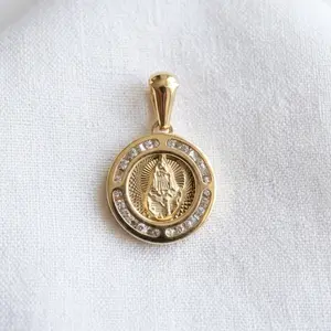Round Pendant with Detailed Religious Figure and Rhinestones for Elegant Jewelry