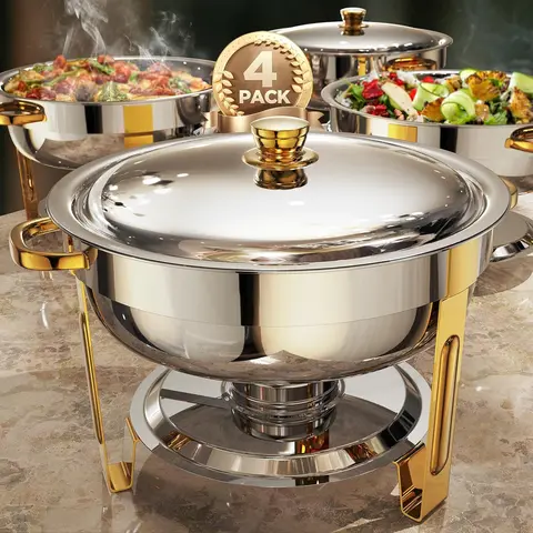 5.5QT/ 9QT Stainless Steel Chafers Chafing Dish Plates Set for Buffet Server Warmer Party-Ready Perfection Full Size Pots Kitchenware Food Warm Cookware Safe Rolled Edge Design Superior Heat Retention Birthdays Weddings