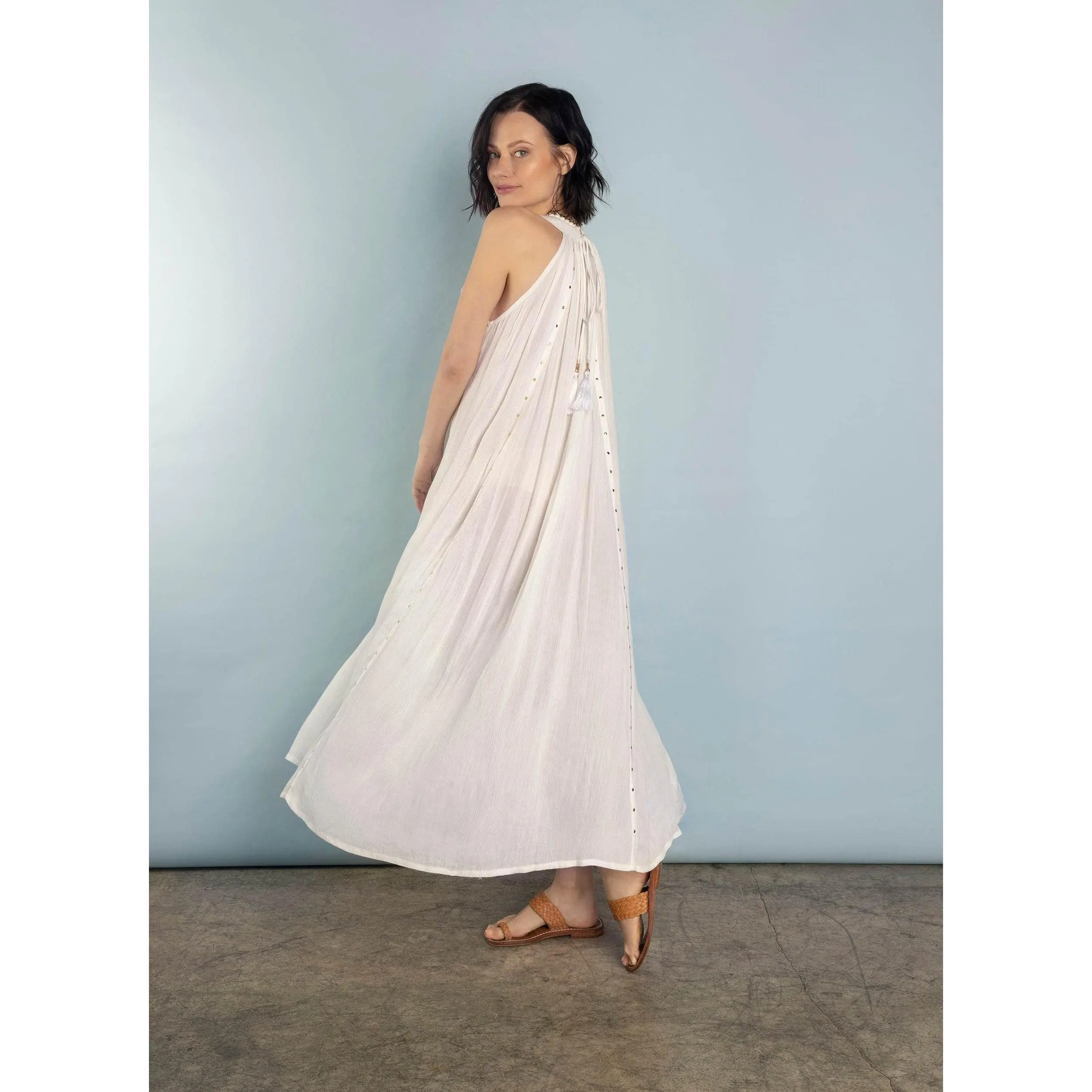 Hermosa Maxi Dress in White Crinkle rayon with chunky gold chain and stud details - TikTok Shop Hermosa Maxi Dress in White Crinkle rayon with chunky gold chain and stud details - TikTok Shop