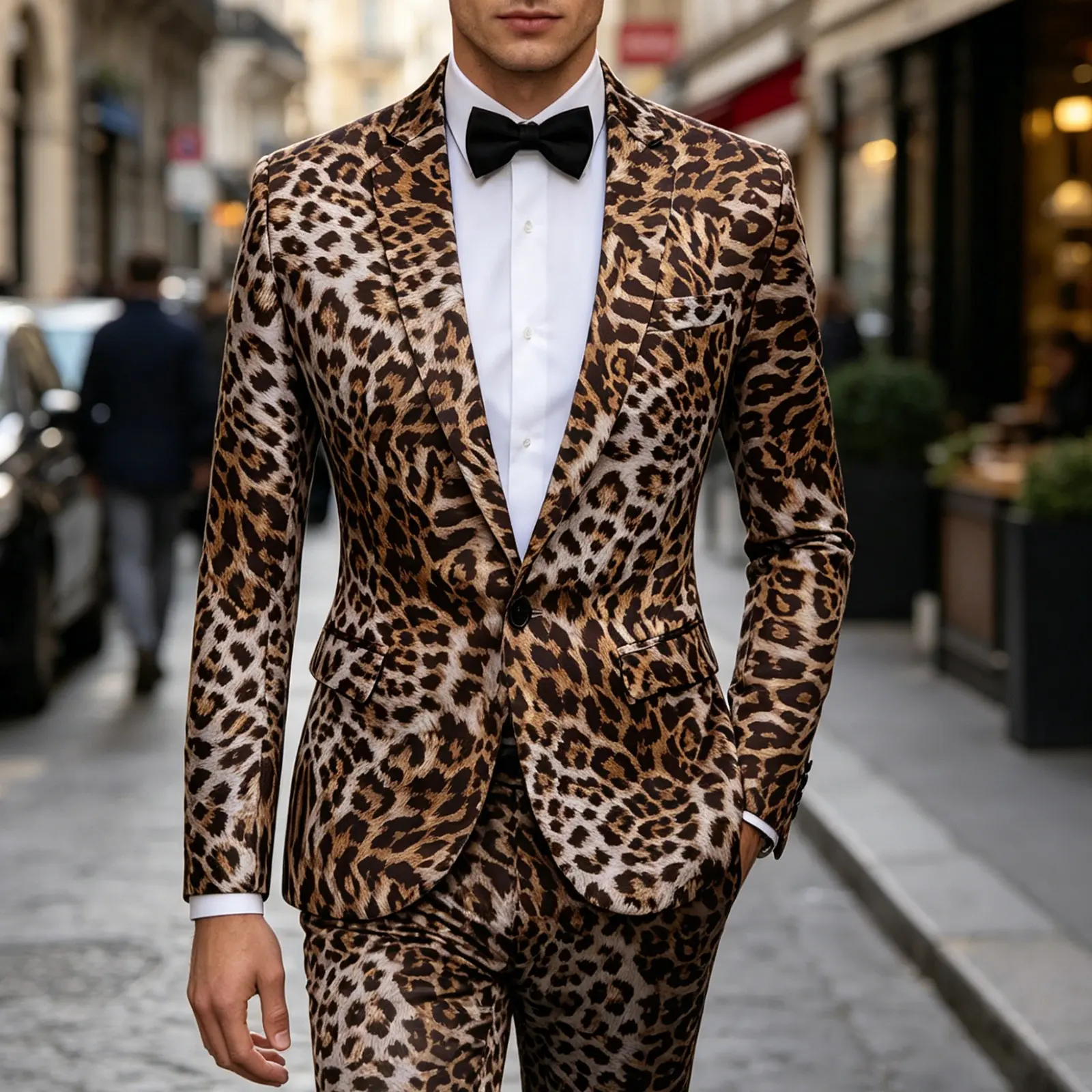 Men's 2-Piece Leopard Print Tuxedo Suit - Slim Fit Blazer & Matching Pants with Bow Tie, Menswear Formal Outfit for Wedding, Prom (White Shirt & Jacket Included), Long Sleeve, Fashion, Set, Fabric, Turtleneck, Formal Wear, Vibe