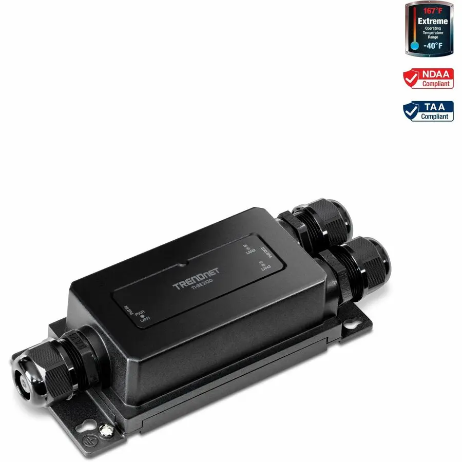 TRENDnet 2-Port Industrial Outdoor Gigabit PoE++ Extender, IP67 Rated Hardened Extreme Temperature Housing, Extends Connection up to 200m/656ft for 2 Devices, Black TI-BE200
