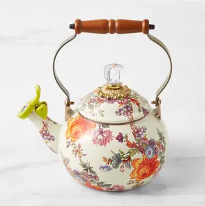 MACKENZIE-CHILDS Enamel Whistling Tea Kettle - Decorative Stovetop Teakettle for Kitchen Tea-Making, White Flower Market Design