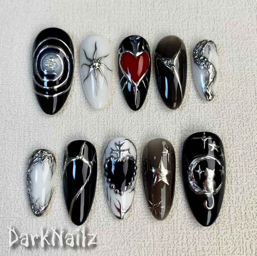 Custom Gothic Press On Nails: Punk Rock Heart, Y2K Moon Cat