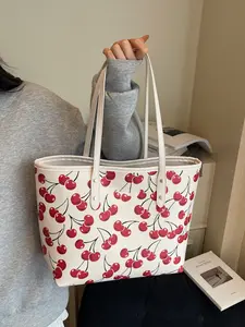 2026 New Summer Trend Cherry Print Cute Versatile Tote Bag, Fashionable Large Capacity Fruit Print Handbag Shoulder Bag