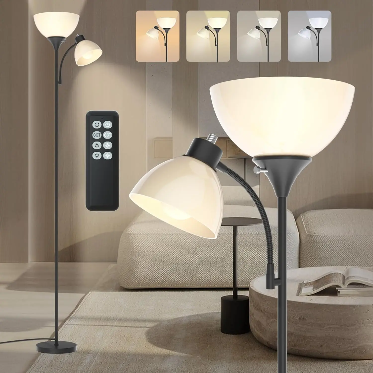 Led Floor Lamp, Super Bright 11W+7W 2100LM Torchiere Floor Lamps for Living Room, Stepless Adjustable 4 Color Temperatures 3000K-6000K with Remote Control for Bedroom (Matte Black)