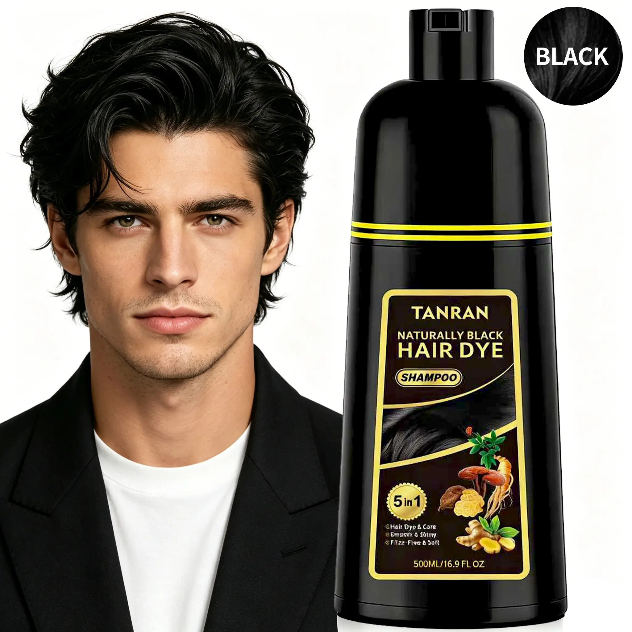 TANRAN 5-in-1 Natural Black Hair Dye Shampoo 500ML, Salon-Grade Haircare Cleanser & Conditioner, Hydrating Herbal Plant Formula for Men & Women, Grey Coverage, Frizz Control, Smooth Shiny Hair