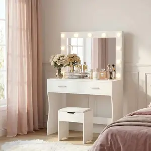 Vanity Mirror With Lights Desk And Chair, Makeup Vanity Desk  Vanity Table With Large Storage Drawers And Shelves