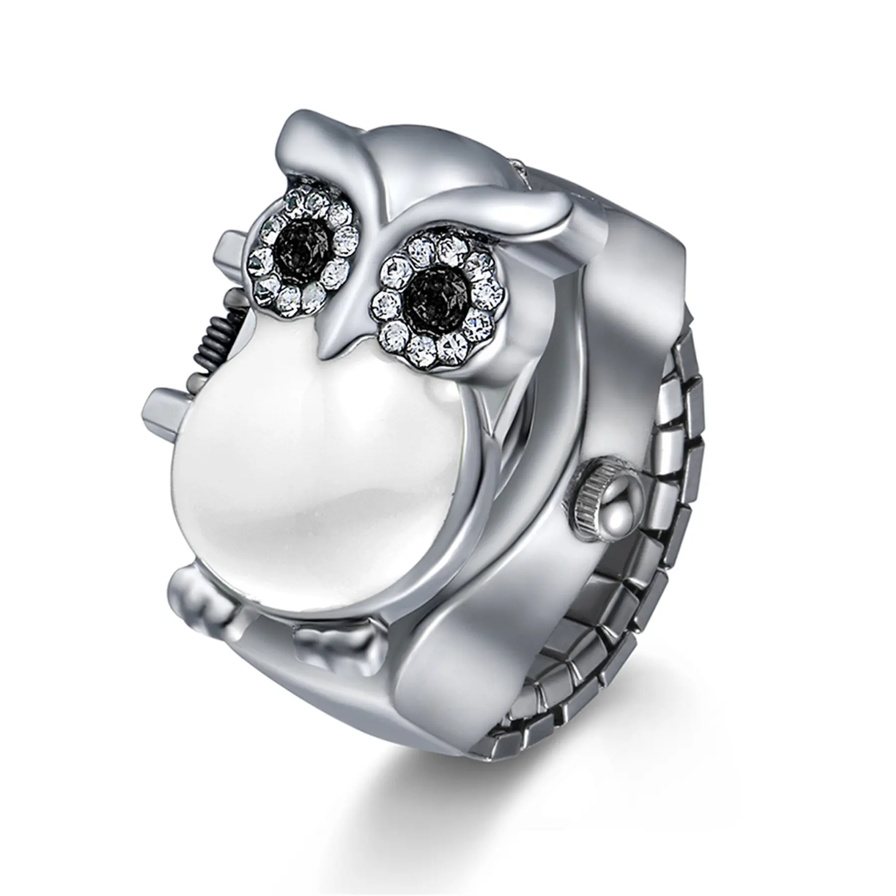 OIDEA Women's Elegant Owl Ring Watch, Stylish Enamel Finger Watch with Flip Cover, Quartz Dial and Adjustable Elastic Band, Fashion Wristwatches, Stylish Watch