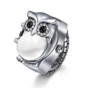 OIDEA Enamel Owl Flip Cover Ring Watch Adjustable Elastic Band Ladies Quartz Finger Watch with Velvet Pouch