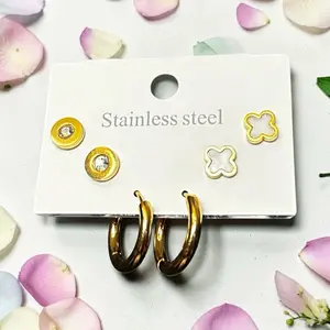 Stainless Steel Earrings Set - Gold Hoops, Rhinestone Studs, Clover & Circle Designs - Fashion Jewelry for Women
