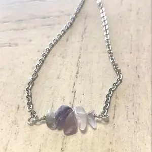 Wire Wrapped Clarity Gemstone Necklace - Fluorite Green and Purple Chip Bar Handcrafted Necklace for Clearing Negative Energy