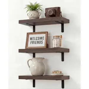 LifetimeWarranty Easy Install Wall Shelves with Brackets,15.7 Inch Wall Mounted Wood Floating Wall Shelf, Small Wall Shelf for&Home, Living Room,,Office,Book Corner Shelf,Set of 3
