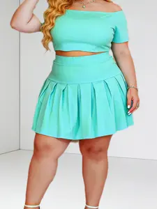 Women's Plain Fitted Short Sleeve Top & Pleated Skirt Set, Womenswear Casual Comfortable for Daily Wear, Perfect for Dating & Shopping, Basic Outfit