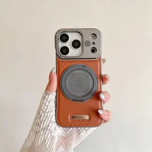 Luxury Frameless Retro Brown Leather Phone Case for IP 17/16/15/14/13 Pro Max, with Magnetic Rotatable Stand and Full Body Protection outdoorfun