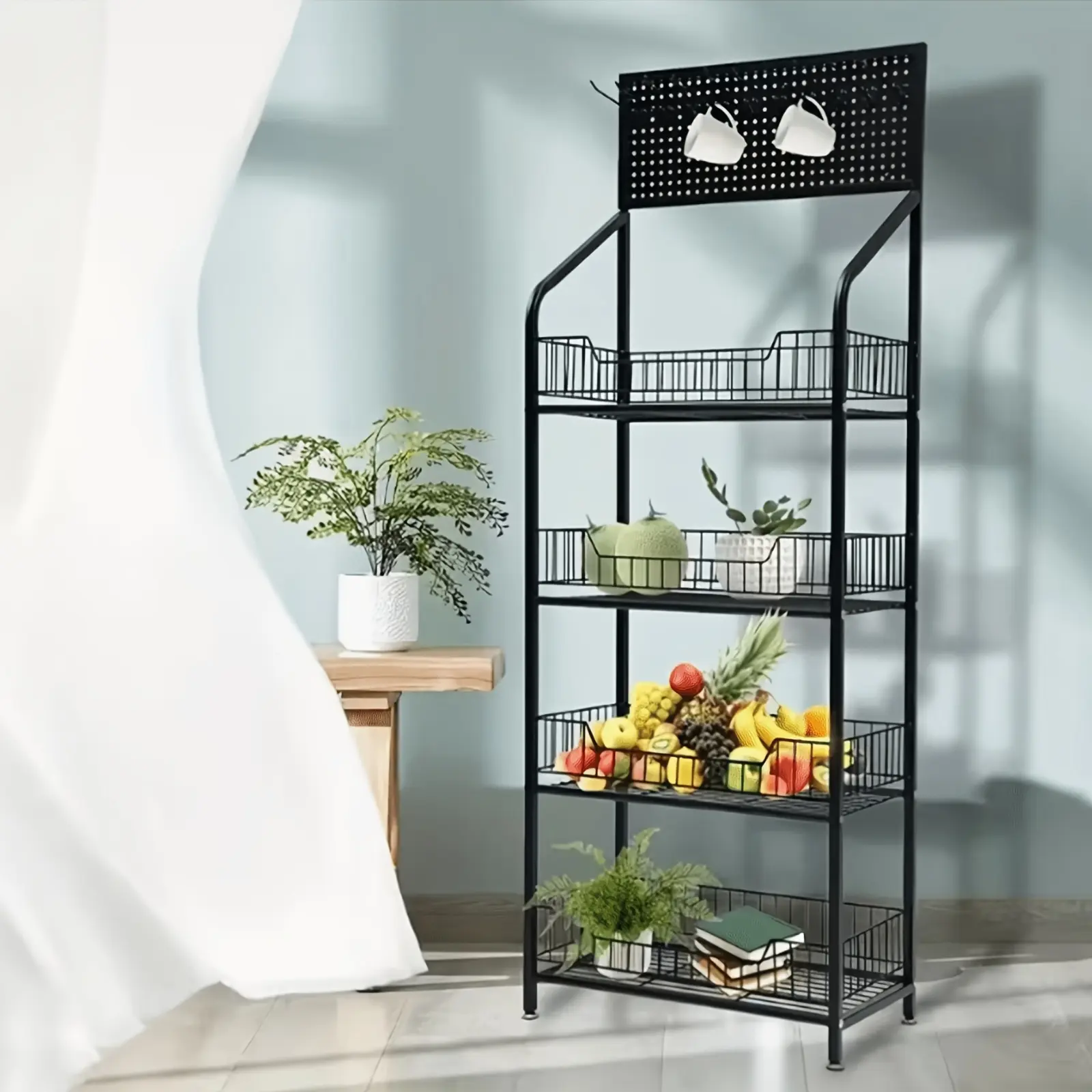 4-Tier Metal Storage Rack With Pegboard Back Panel, Mobile Freestanding Basket Shelf, Included 4 Foot Pads, 4 Casters & 15 Hooks, Multipurpose Organizer For Kitchen, Balcony, Garage, Supermarket & Convenience Store Black