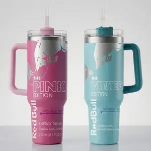 Bull Energy Drink Custom 40oz Insulated Tumbler with Handle & Straw | Energy Drink Inspired Travel Mug for Hot & Cold Drinks