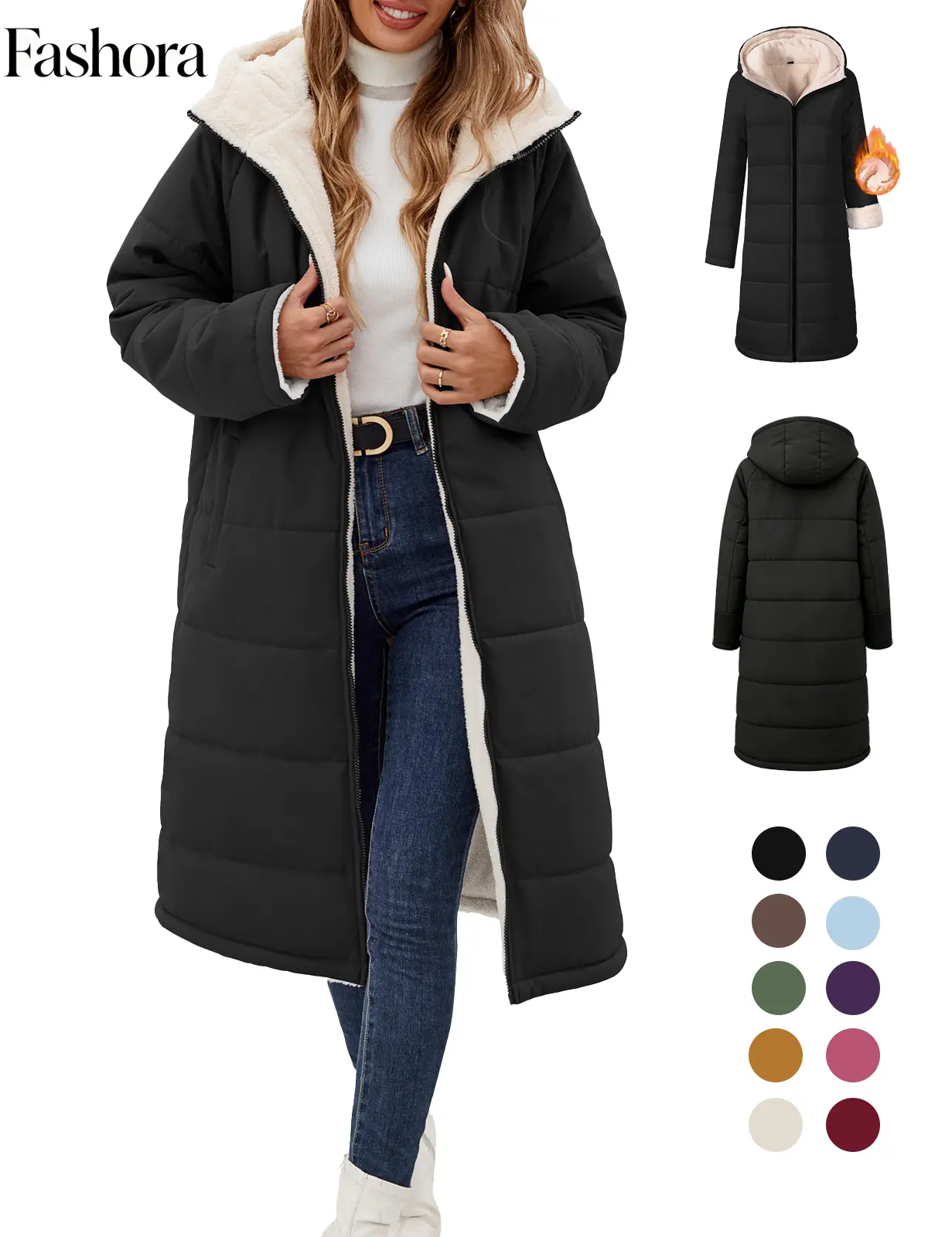 FASHOR Women's Reversible Long Winter Puffer Coat with Hood and Fleece Two wearable sides for winter commutes, school runs and city errands, with quilted warmth, soft fleece, a hood and pockets