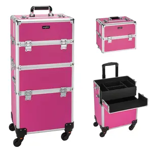 3-in-1 Rolling Cosmetic Case, Aluminum Makeup Travel Organization Box, Beauty Display Box Car, Lockable Beauty Storage Box with 4 One Removable Wheels