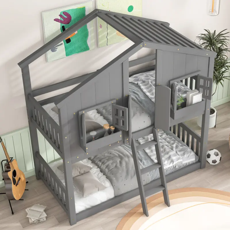 Twin over Twin House Bunk Bed  Roof , Window, Window  Box, Door ,  Safety Guardrails and Ladder