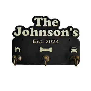 Personalized Family Key Holder with Custom Name 3 Hooks Glows in the Dark Wall Organizer for Keys Dog Leashes & Daily Essentials Handcrafted Wood Finish