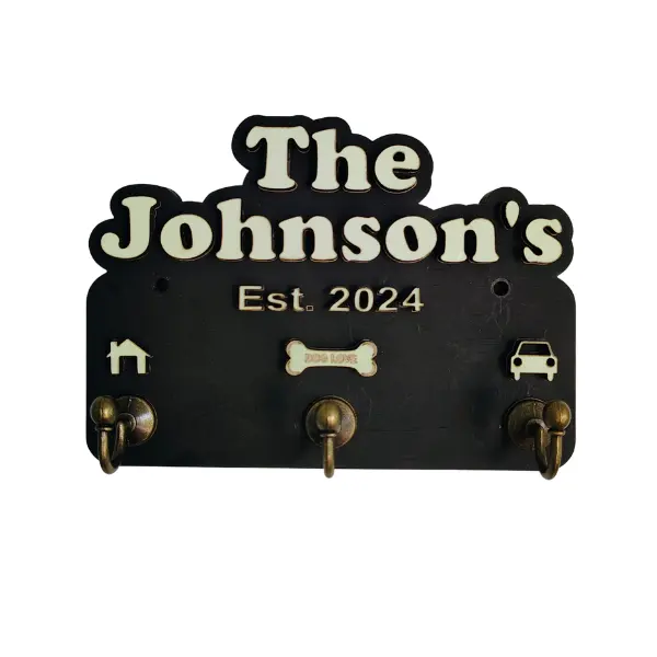 Personalized Family Key Holder with Custom Name 3 Hooks Glows in the Dark Wall Organizer for Keys Dog Leashes & Daily Essentials Handcrafted Wood Finish