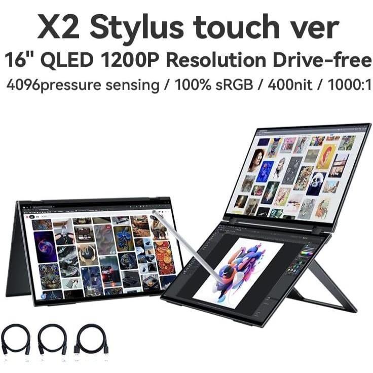 EHOMEWEI X2 extra Portable Monitor Double Touch Screen & Stylus 16"*2 60Hz 100% DCI-P3 400Nit Full CNC Metal Shell Type-C for Laptop PC Mac Phone