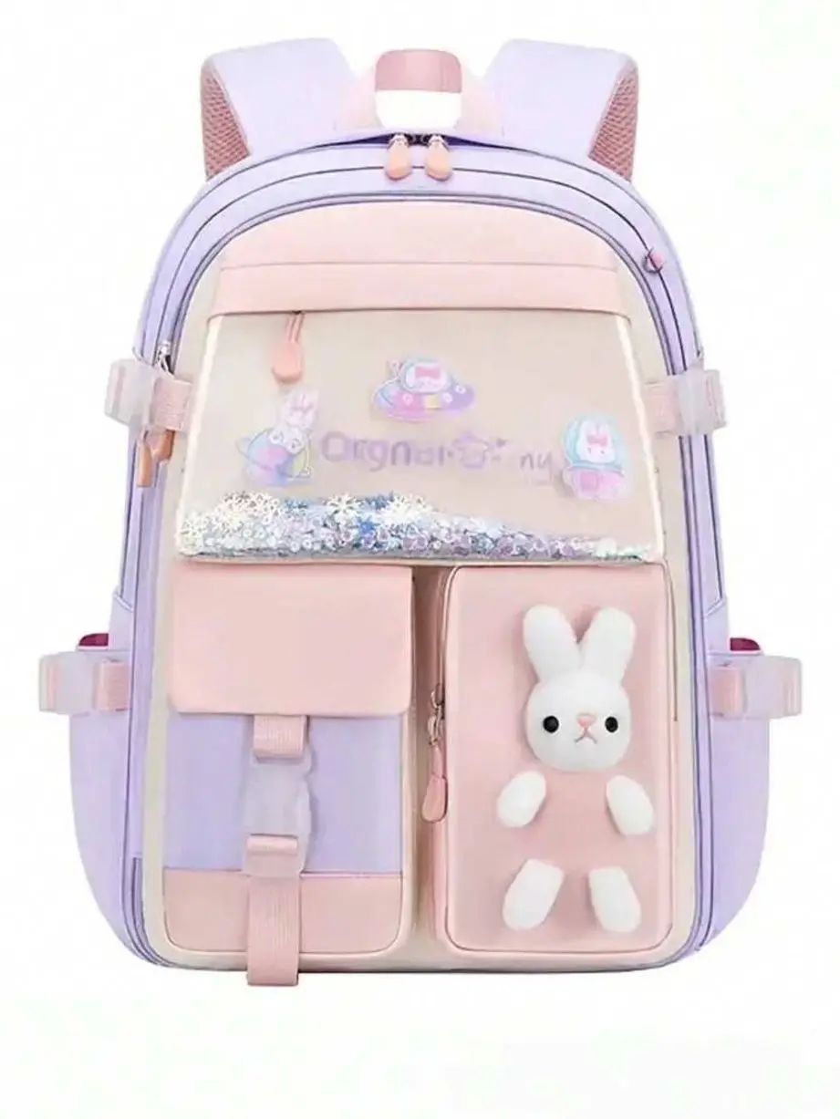 Kawaii School Backpack for Girls, Multi-Pocket Lightweight Student Bookbag With Plush Bunny Decor, Durable Water-Resistant Material For School Travel