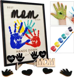 10" Hands Down Best Mom Ever DIY Handprint Kit with Acrylic Paints, Art Craft Family Keepsake Wood Frame Mom Keychain Birthday Mother's Day Gift for Mum, Family Memories Sign with Kids Names