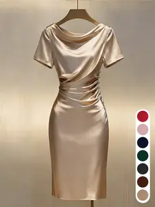 Champagne Satin Dress, Elegant A-Line Midi Dress, Short Sleeves, Solid Color, Gold Button Detail, Summer Formal Evening Party Wear