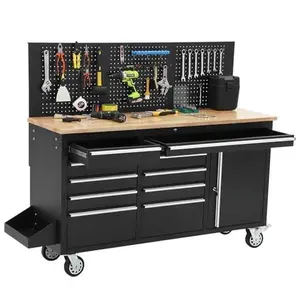 61-Inch Rolling Tool Chest with Power Strip 10-Drawer Mobile Workstation Featuring Solid Rubber Wood Top and 1675 LBS Capacity Heavy Duty Garage Storage Cabinet for Superior Tool Organization