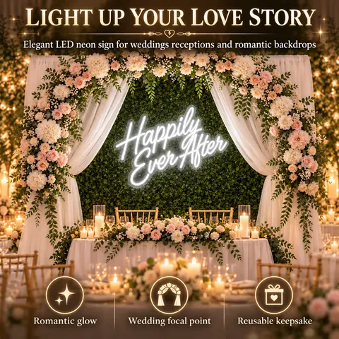 Happily Ever After Neon Signs, Wedding/Birthday/Anniversary Background Wall Decoration - Romantic Arrangement of Wedding Room Night Lights, English Neon Lights, Wedding clock in atmosphere decoration, marriage proposal ceremony decoration
