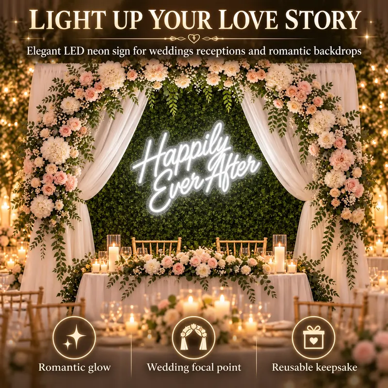 Happily Ever After Neon Signs, Wedding/Birthday/Anniversary Background Wall Decoration - Romantic Arrangement of Wedding Room Night Lights, English Neon Lights, Wedding clock in atmosphere decoration, marriage proposal ceremony decoration