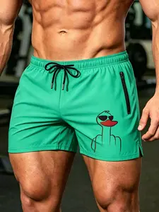 Men's Summer Beach Shorts, Funny Duck Print Workout Gym Shorts, Lightweight Breathable Mesh Lining, Zip Pockets, Casual Fitted Style