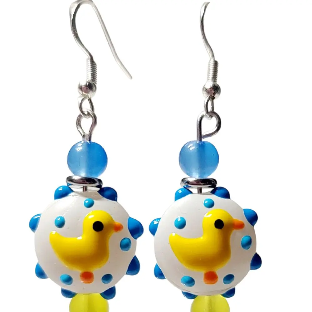 Handmade Glass Duck Earrings, Baby Shower Earrings, Aquamarine Glass Beads, Sterling Silver Hooks, Cute Dangle Earrings for Women, Baby Boy Gift