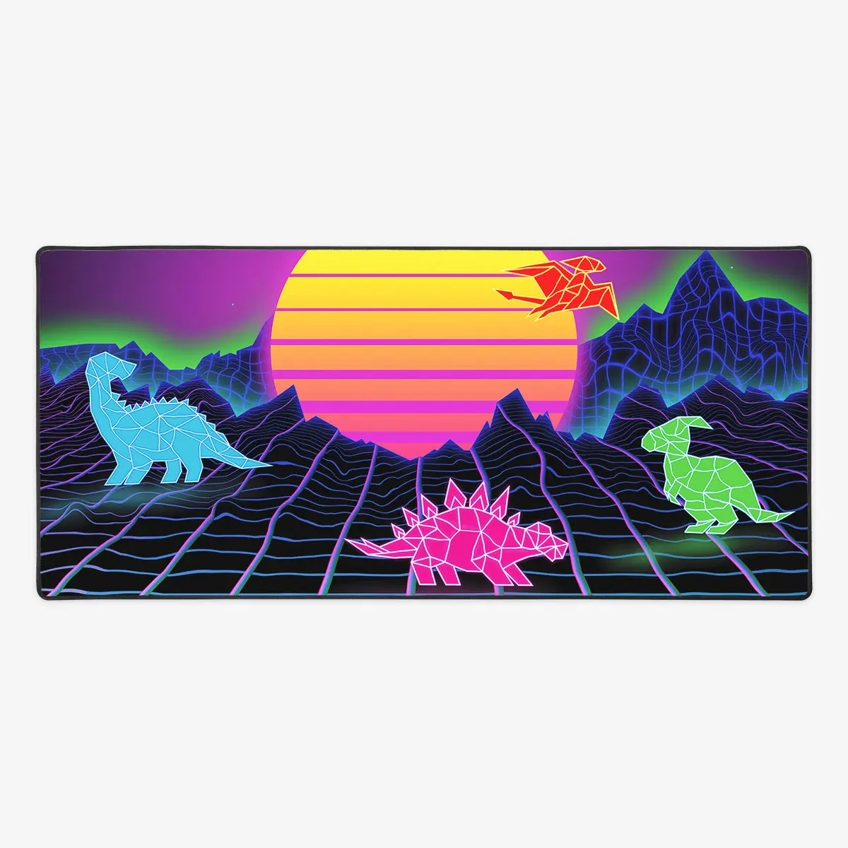 Retrowave Dinos and Mountains Handcrafted Fabric Gaming Mouse Pad - 36” x 18” Large Desk Pad for Office & Gaming Use, Mouse Mat, Extended Mousepad