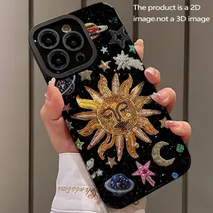 Space Element Beaded Patch Phone Case for iPhone 11-16 Pro Max, Anti-Drop PU Leather Cover, Trendy Fashion Shockproof Full Protection