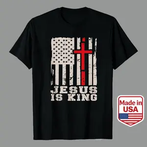 Men’s Casual Graphic Tees | 100% Premium Cotton American Flag With Red Cross Jesus Is King Design Summer And Fall Wear Perfect For Christians And Patriotic Individuals Unisex T-Shirt Patriotic Christian Faith T-Shirt