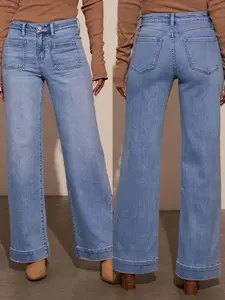Women's Wide-Leg Loose-Fit Jeans, High-Waisted Button Fly Denim Jeans with Pockets, Fashionable Comfortable Casual Wear Pants for All Seasons