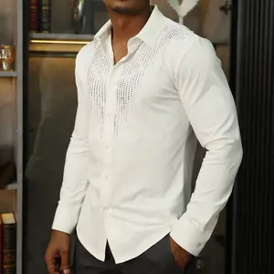 Plus Size M-5XL Men's Rhinestone Long Sleeve Shirt –Luxury Party Prom Shirt for Summer Autumn