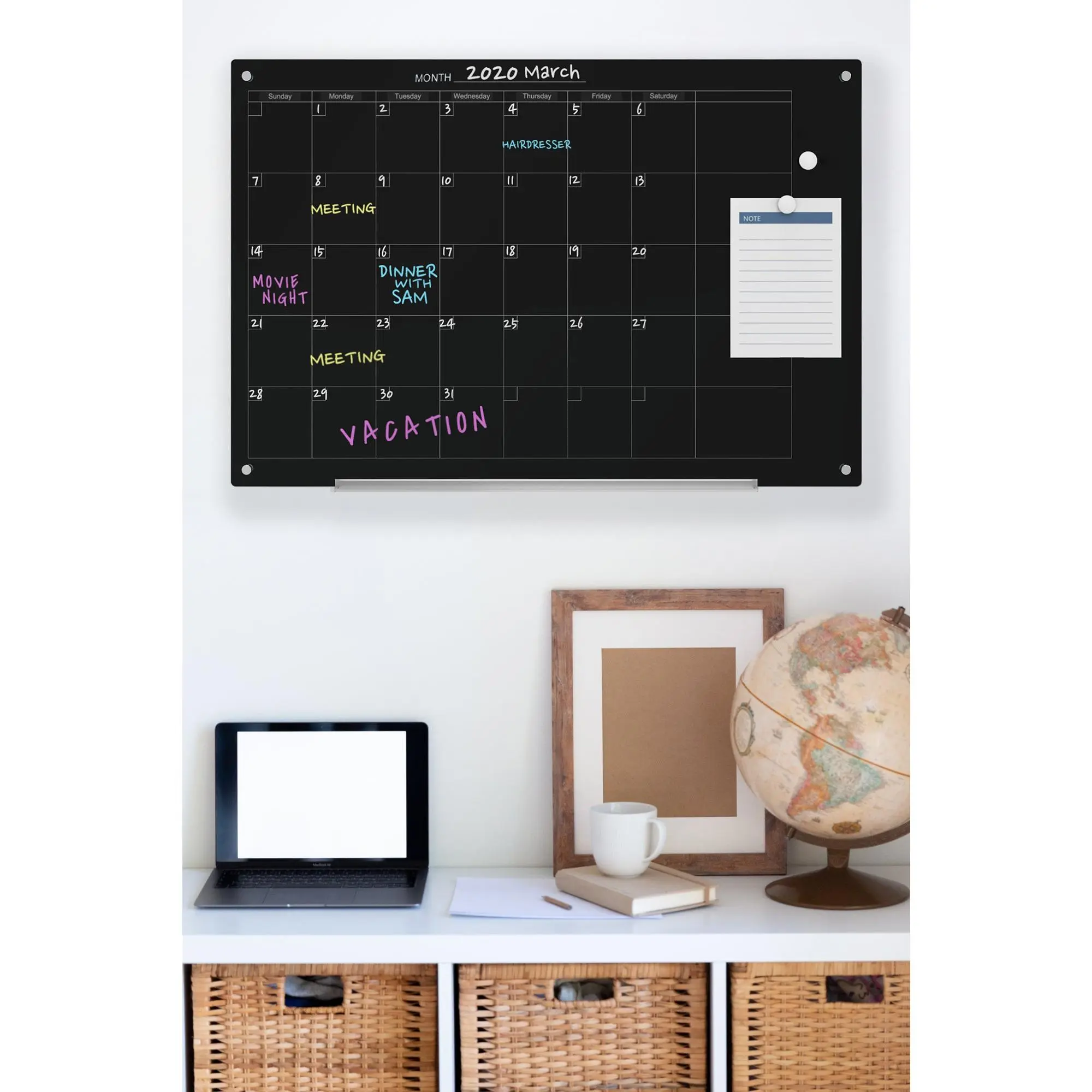Magnetic Calendar Glass Dry-Erase Board Set - Includes Board, Magnets, and Marker Tray