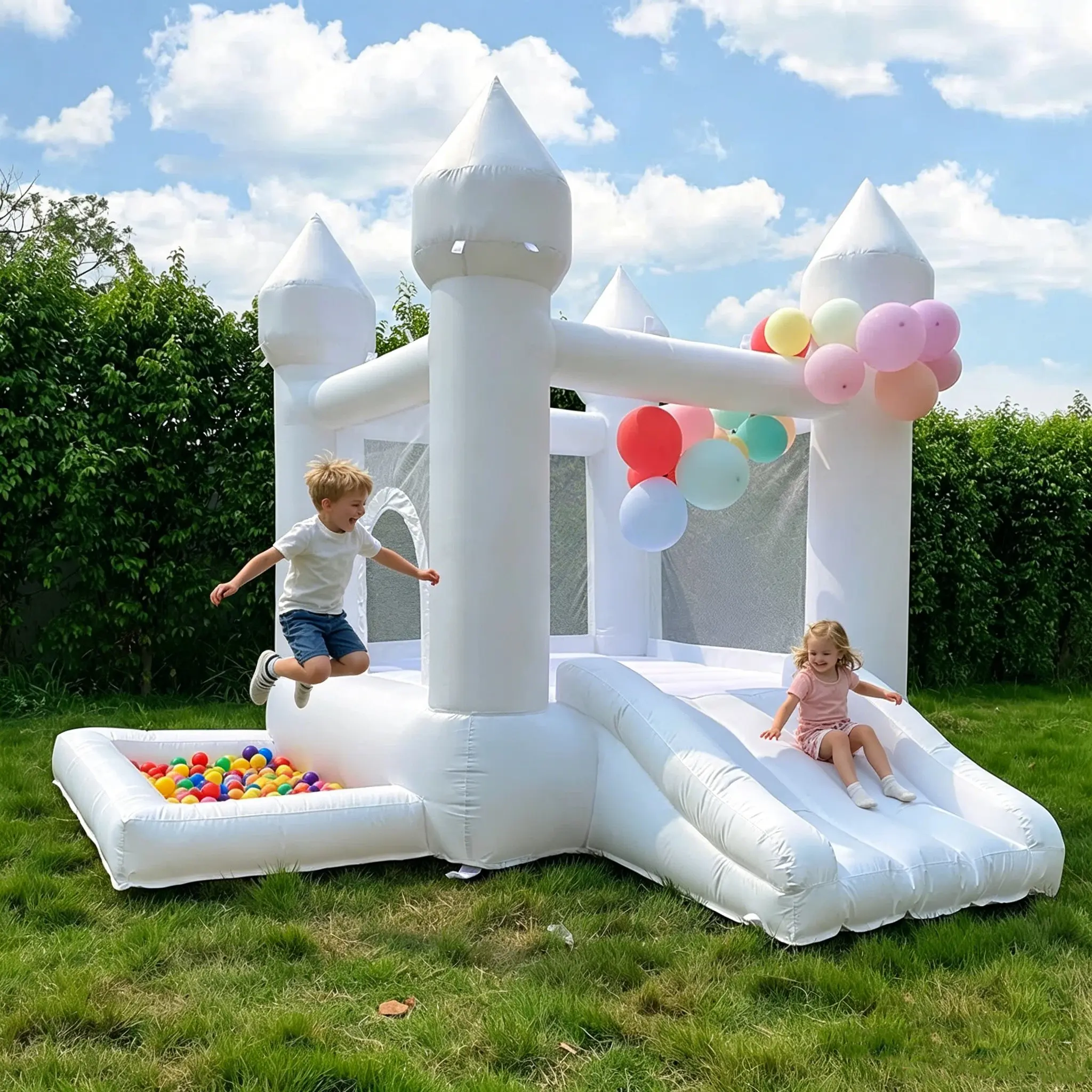 White Multi-Purpose Inflatable Bounce House with Blower & Storage Bag, Oxford Fabric Toddler-Kid Kids Toys, Includes Slide & Ball Pit for 2 Key Scenarios: Birthday, Weddings, Outdoor Party Playground Equipment, Sports