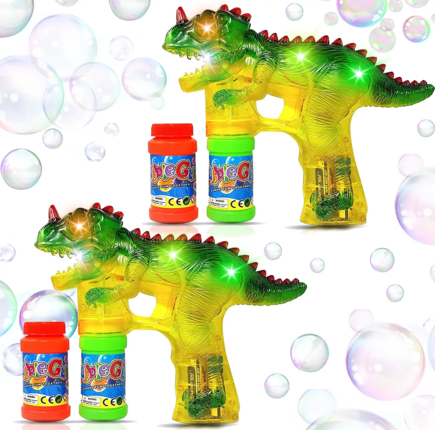 Haktoys 2-Pack Jurassic Dinosaur Bubble Gun Shooter - LED Flashing Light Up Blower for Toddlers, Engaging Fun Parties, Sound-Free, Extra Refills, Batteries Included
