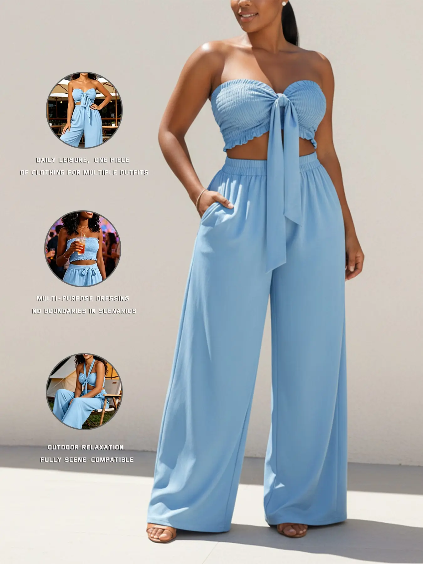Women's Summer Two-Piece Set Suit, Strapless Tank Top and High-Waisted Wide-Leg Pants, Casual Beachwear, Party, Versatile Minimalist Fashion Ensemble, Fitted Set Outfit