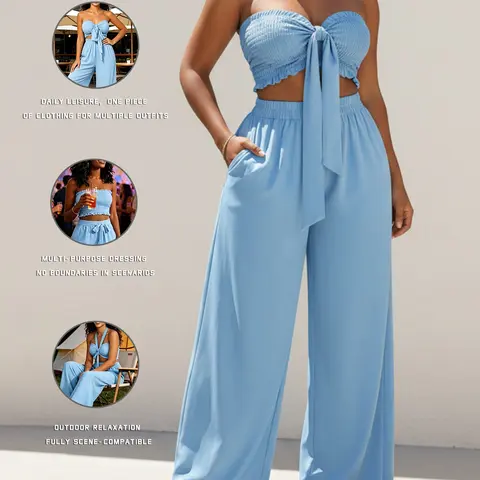 Women's Summer Two-Piece Suit Set, Strapless Bandeau Top and High-Waisted Wide-Leg Pants, Casual Beachwear for Vacation & Party, Going Out Sets
