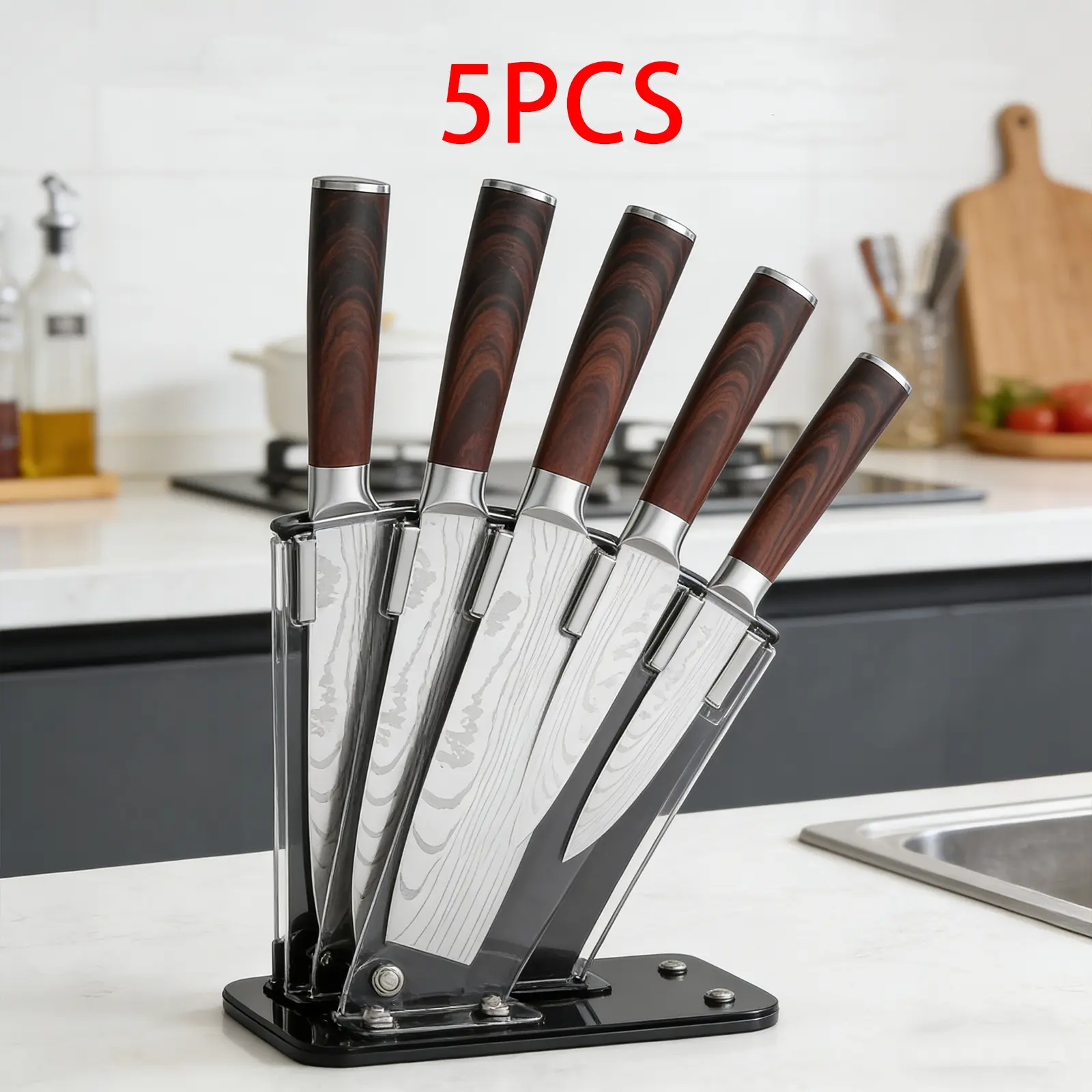 Kitchenware 5-Piece Imitation Damascus-Pattern Knives Utensils Set, Faux Wood-Grain Handles, Includes Bread-Slicing Knife, Gift Box Packaging for Home Chefs
