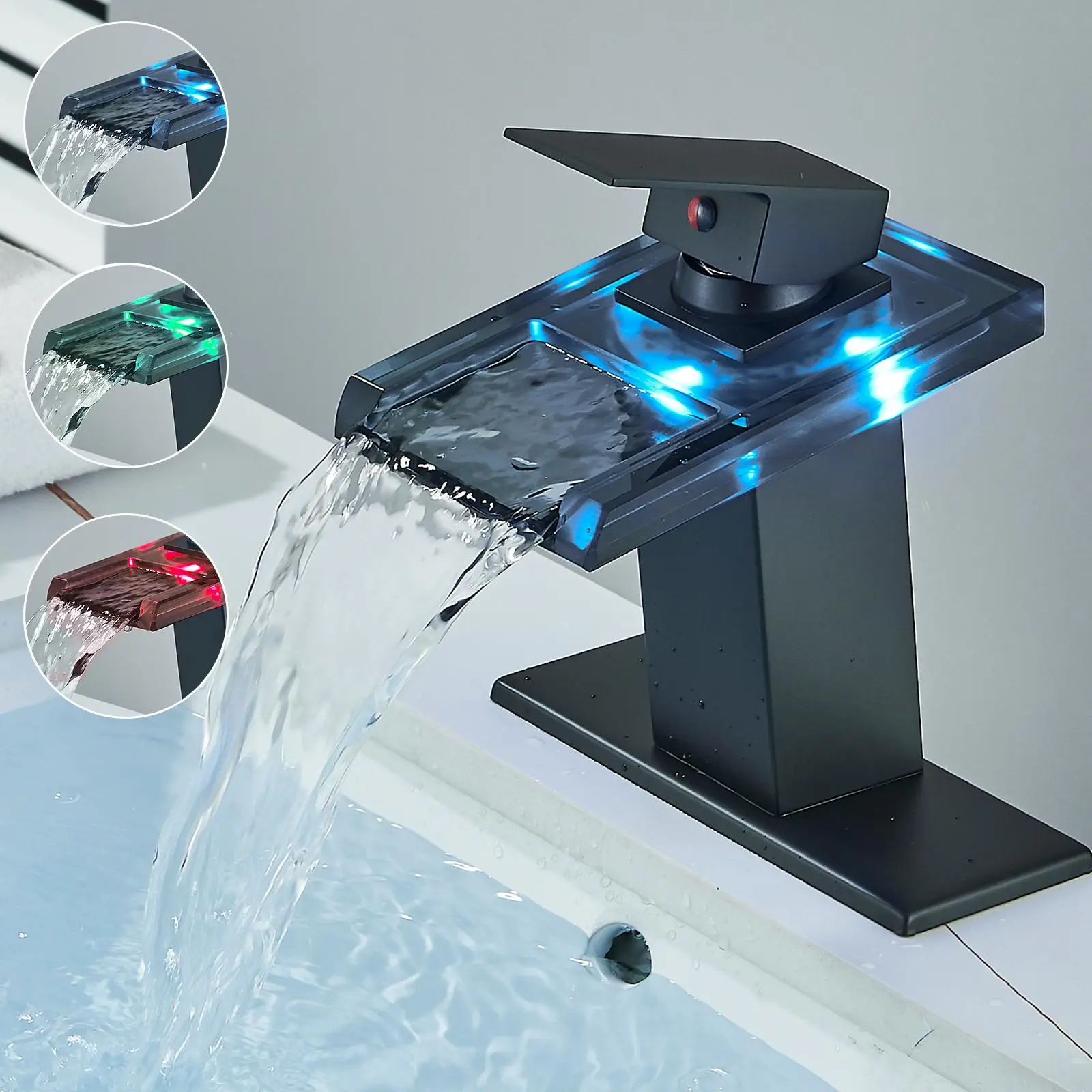 LED Bathroom Sink Faucet, Matte Black Waterfall Single Hole Handle Vanity Faucets for Sinks 1 Hole, 4 Inch Centerset Waterfall Faucet With Deck Plate