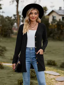 Women's Solid Color Knit Fashion Cardigan, Black, Long Sleeve, Button Pocket Design, Tops, Womenswear, Basic Casual Daily Wear, Stylish and Comfortable, Perfect for All Seasons, Knitwear